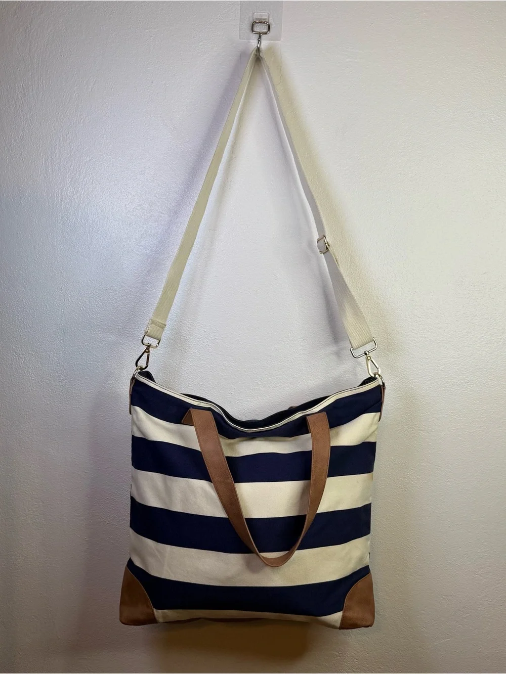 Merona Nautical Navy & Cream Striped Canvas Tote Beach Bag with Crossbody Strap
